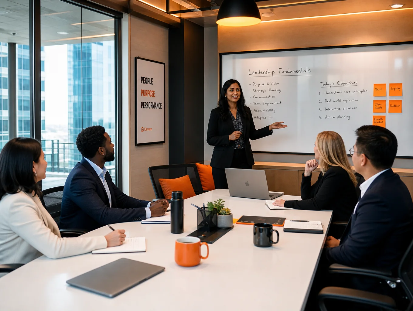 Professionisti in un ufficio moderno che partecipano a una sessione di formazione linguistica