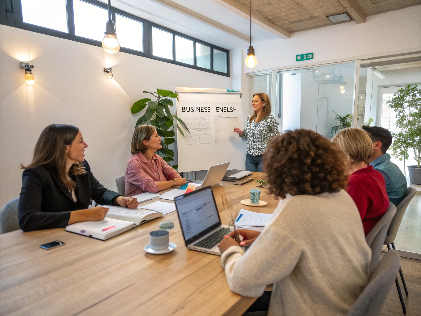 Team aziendale in una sessione di formazione linguistica in ufficio