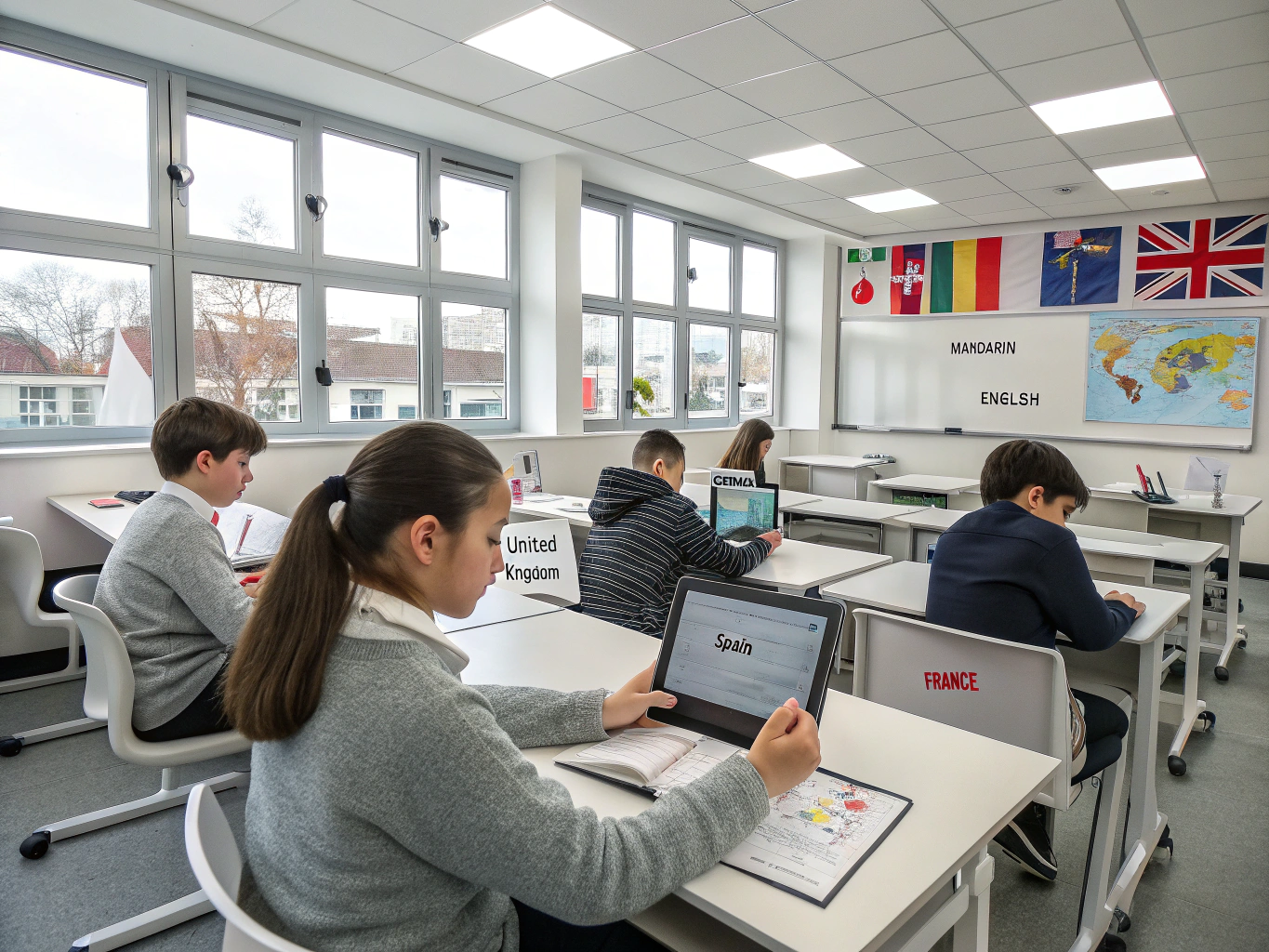 Studenti in un'aula moderna durante una lezione di lingua interattiva